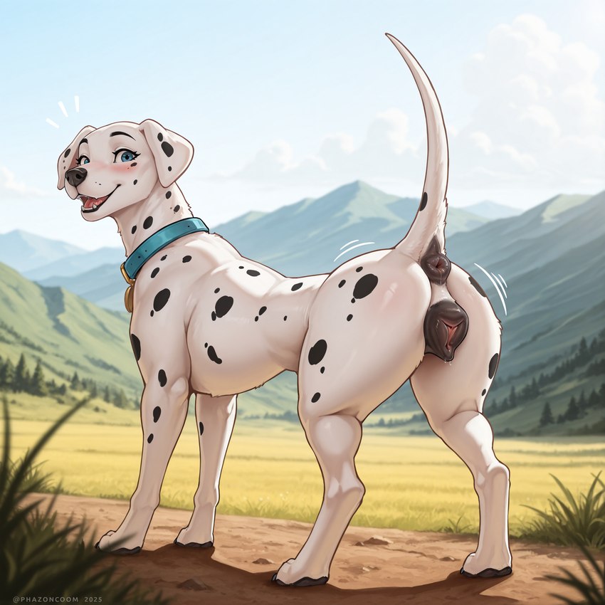 animal_genitalia animal_pussy anus blush canine_genitalia canine_pussy collar dirt_path female feral genitals grass mountains open_mouth paws plant pussy solo tail tongue matt3985_(director) phazon perdita canid canine canis dalmatian domestic_dog mammal hi_res signature