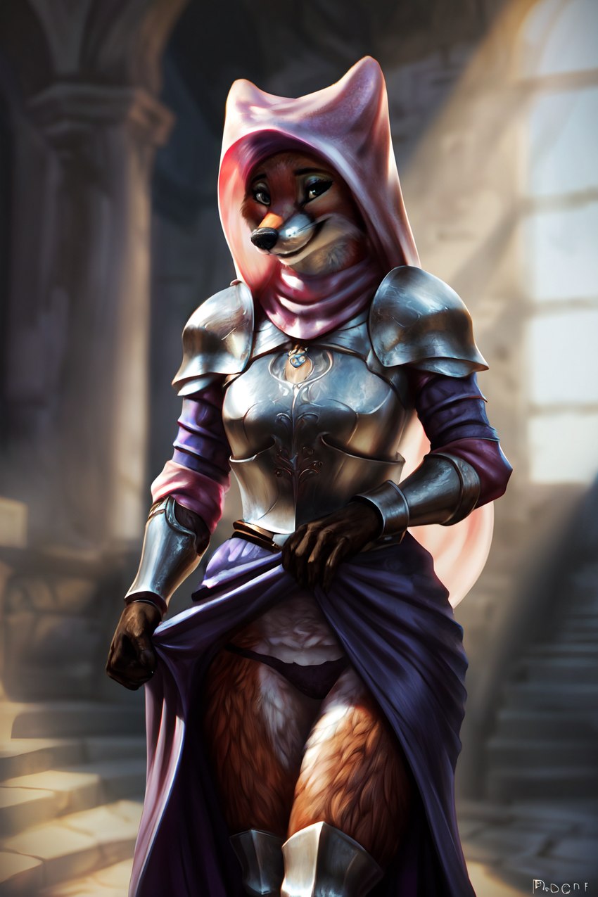 anthro armor clothed clothing clothing_lift dark_eyes dress dress_lift female fluffy looking_at_viewer panties seductive shawl solo underwear furtasticv20_(model) rodinsinker maid_marian canid canine fox mammal hi_res