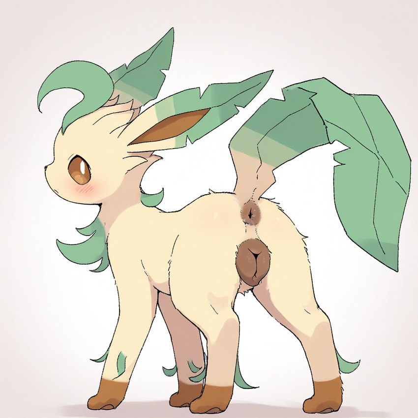 animal_genitalia animal_pussy blush brown_anus brown_eyes brown_pussy butt canine_genitalia canine_pussy female feral genitals gloves_(marking) looking_at_viewer looking_back markings presenting presenting_hindquarters pussy simple_background solo tan_body busahou eeveelution generation_4_pokemon leafeon pokemon_(species)