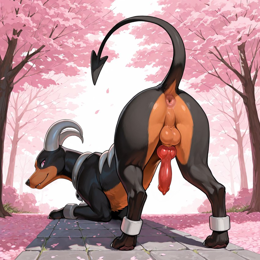 animal_genitalia animal_penis anus ass_up balls black_body black_fur brown_body brown_fur canine_genitalia canine_penis cherry_blossom cherry_blossom_tree cherry_tree claws detailed_background feral fruit_tree fur genitals horn knot looking_at_viewer looking_back looking_back_at_viewer male outside path paws penis plant presenting presenting_anus seductive solo toe_claws tree firewolf890 nintendo pokemon canid canine generation_2_pokemon houndoom mammal pokemon_(species) hi_res