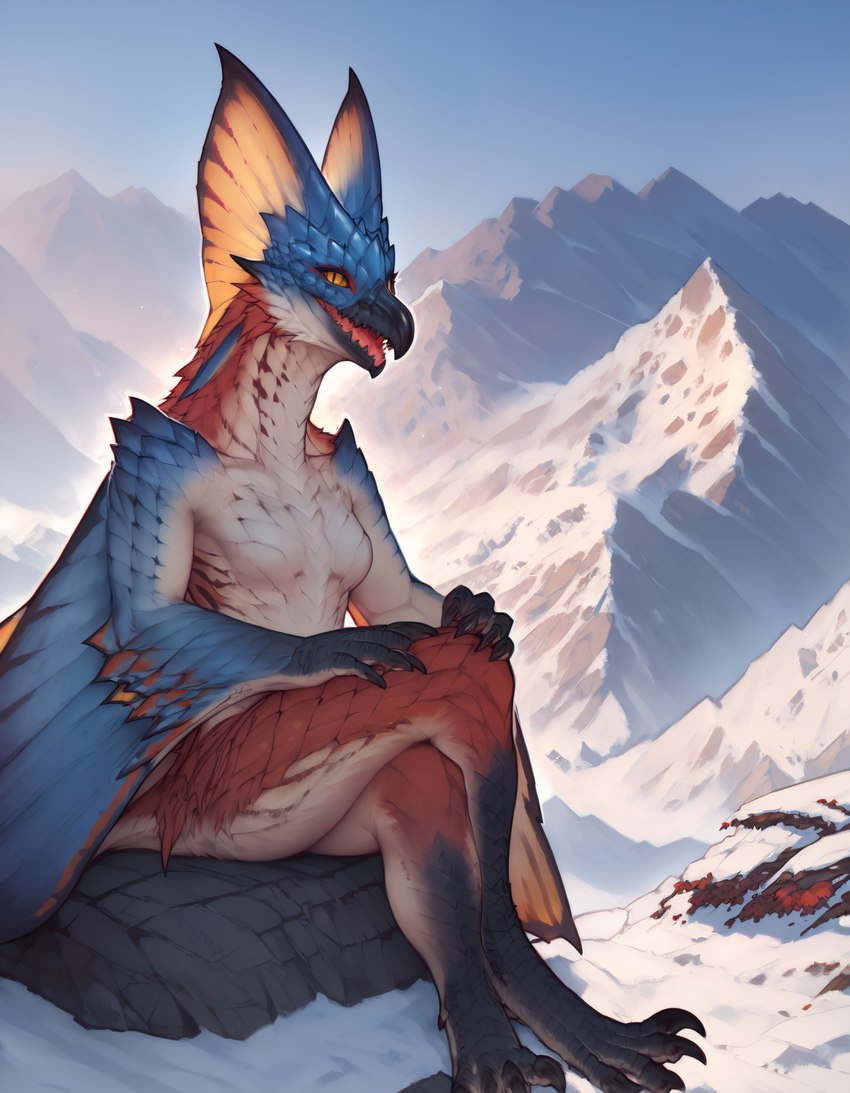 anthro beak biped blue_body blue_scales breasts casual_nudity claws crossed_legs day detailed_background featureless_breasts female hand_on_knee hand_on_leg looking_at_viewer membrane_(anatomy) membranous_wings mountain mountain_range mountains multicolored_body multicolored_scales non-mammal_breasts nude nude_female open_mouth outdoor_nudity outside pupils red_body red_scales scales sitting sitting_on_rock sky slit_pupils small_breasts smile snow snow_on_ground solo teeth toe_claws tongue white_body winged_arms wings winter yellow_eyes anotheranon bird_wyvern dragon flying_wyvern scalie wyvern absurd_res hi_res