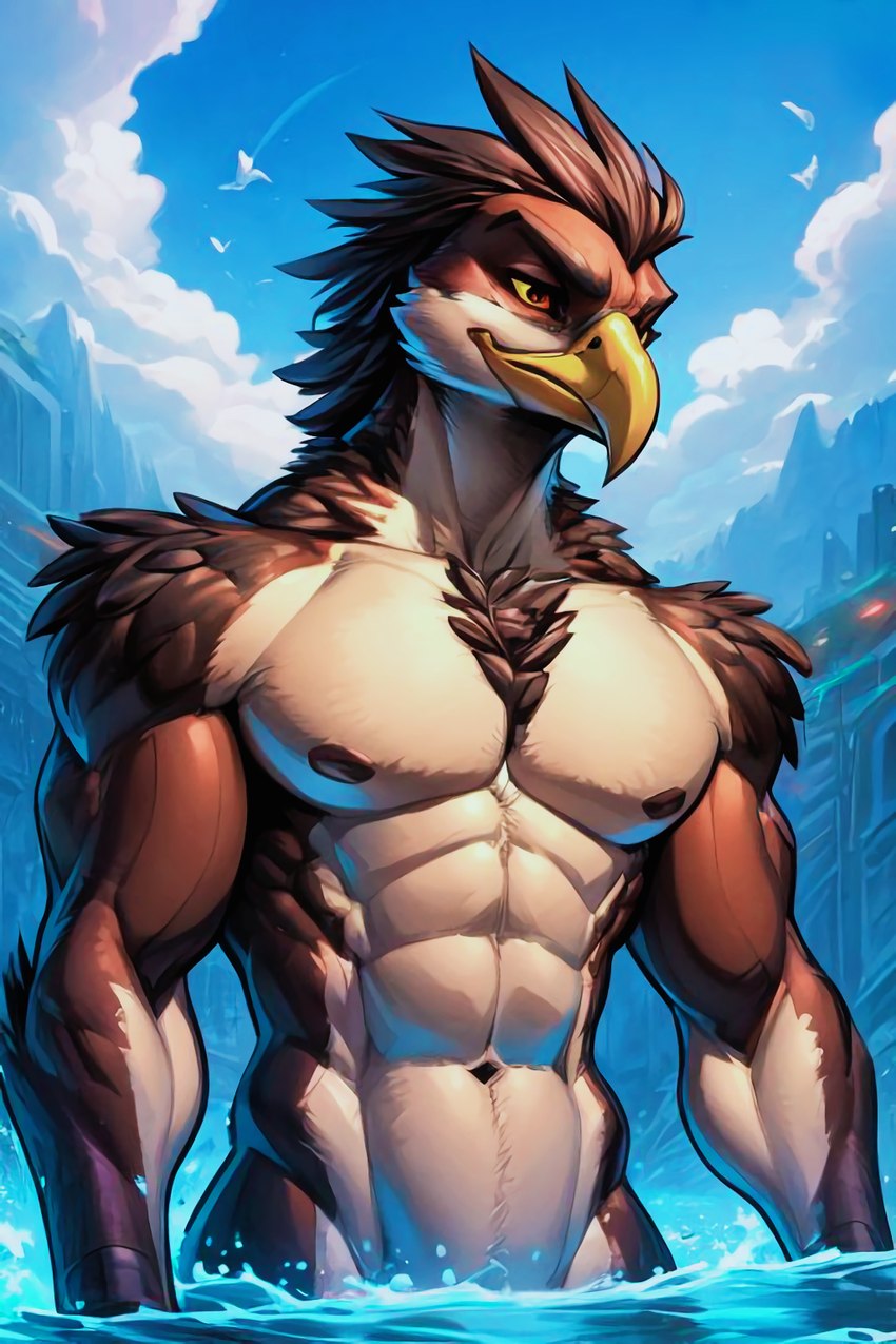 abs anthro athletic athletic_anthro athletic_male beak biceps feathers lake male nature nature_background navel nipples nude partially_submerged pecs solo birdovo accipitrid accipitriform avian bird hi_res