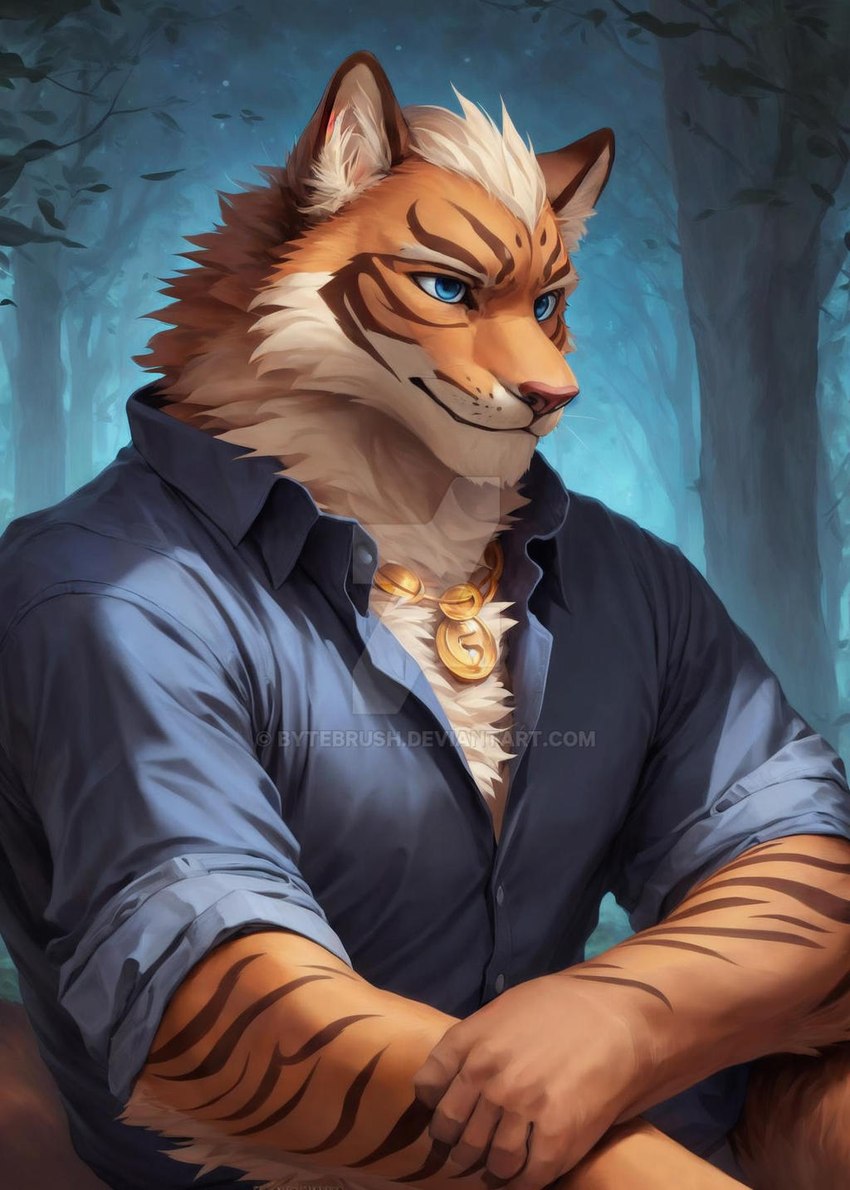 2023 anthro bead_necklace beads black_striped_body black_striped_fur black_stripes blue_clothing blue_eyes blue_shirt blue_topwear brown_nose clothing fluffy_ears forest forest_background fur hair humanoid_hands male nature nature_background nekojishi orange_body orange_fur plant prick_ears shirt short_hair smile snout solo striped_body striped_fur stripes text topwear tree white_body white_fur white_hair bytebrush lin_hu felid mammal pantherine tiger distracting_watermark half-length_portrait hi_res portrait url watermark