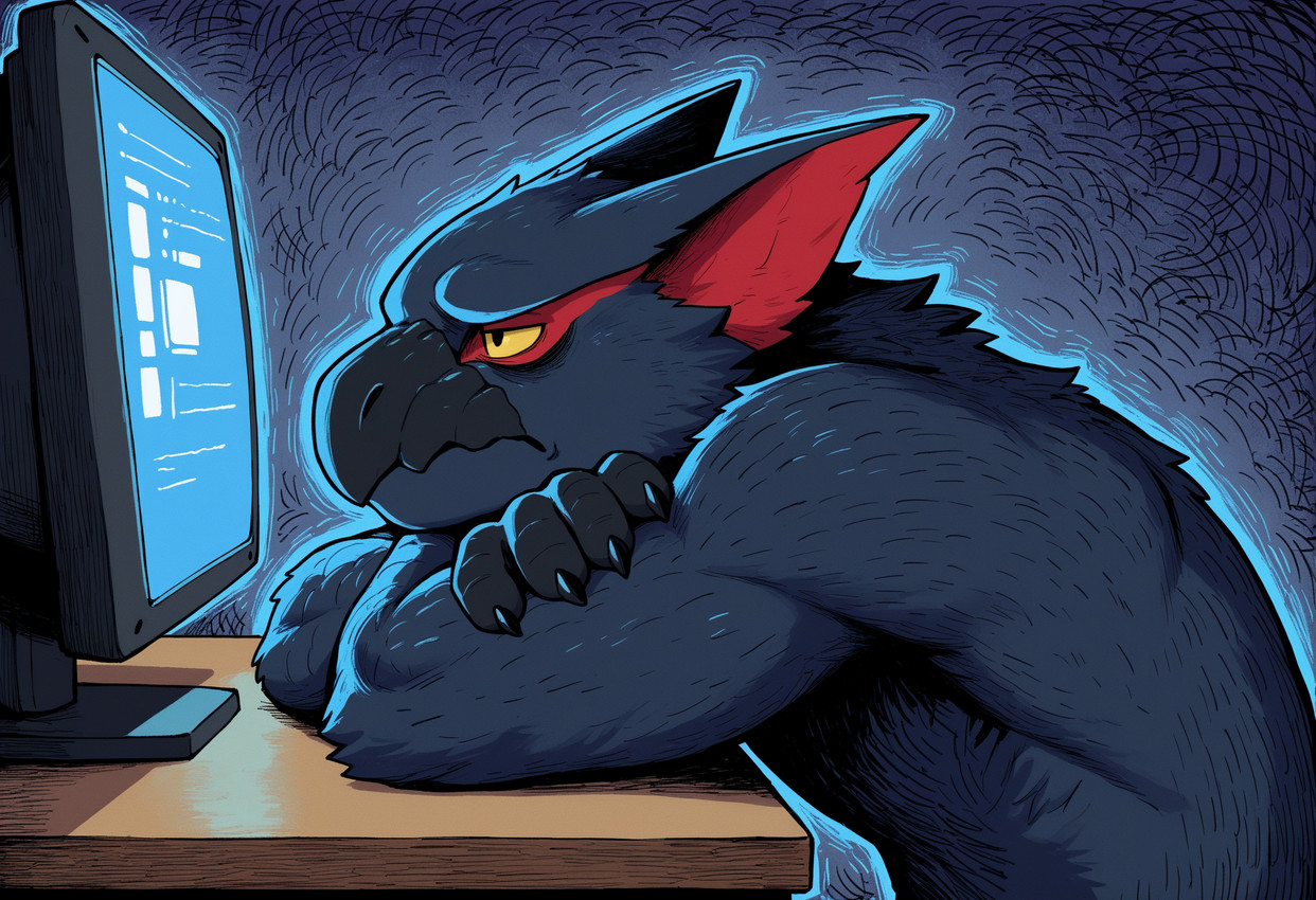 abstract_background anthro black_body black_claws black_fur blue_outline claws computer_monitor crossed_arms depression desk electronics eye_bags frown fur furniture furrowed_brow head_on_arm leaning leaning_forward looking_at_monitor looking_forward male monitor mythology narrowed_eyes no_sclera outline prompt pupils sad side_view solo table upper_body yellow_eyes dfy6c capcom monster_hunter dragon flying_wyvern furred_dragon furred_scalie mythological_creature mythological_scalie nargacuga scalie 2026 hi_res stable_diffusion