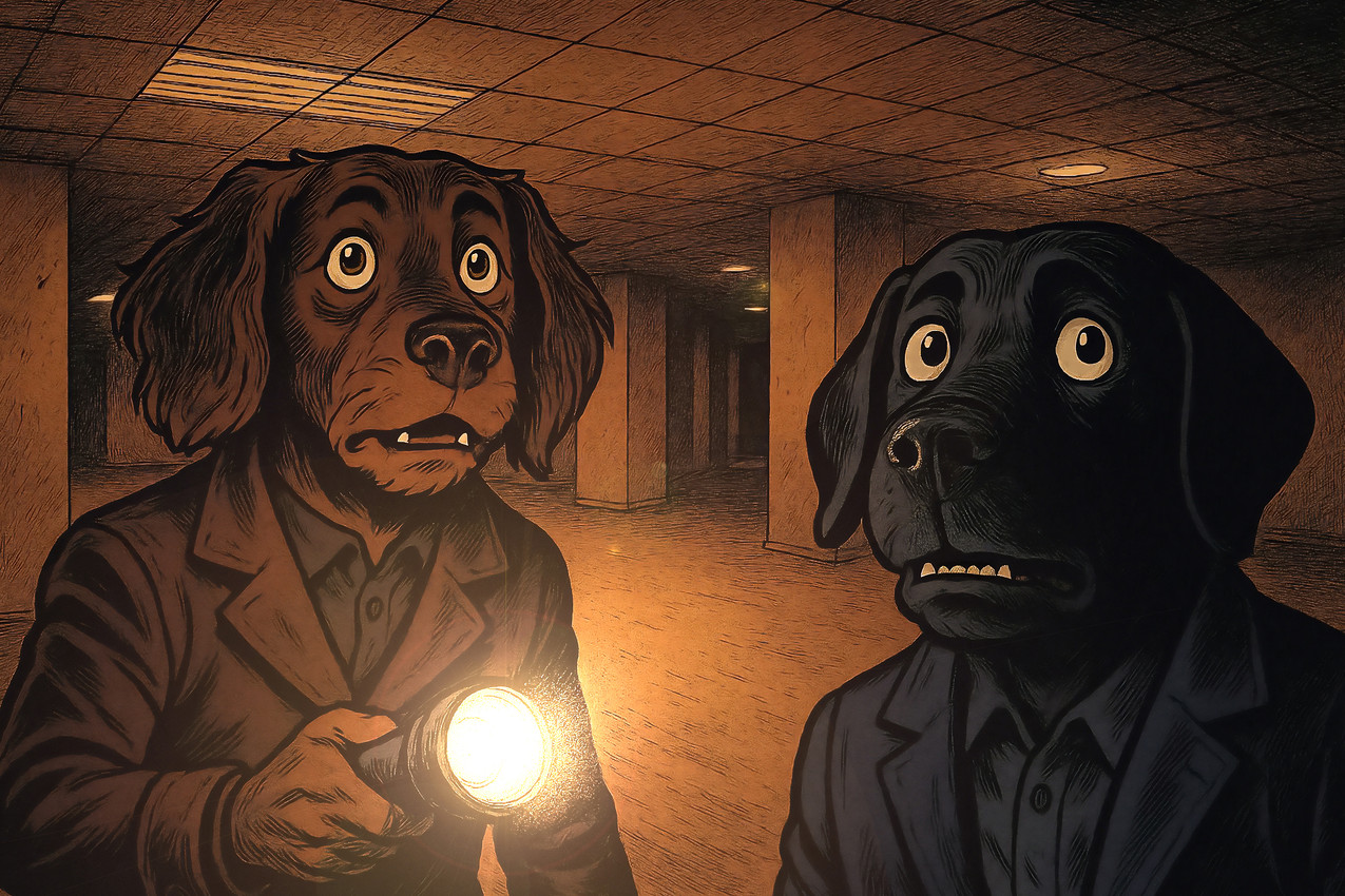 anthro biped black_body black_clothing black_coat black_fur black_nose black_pupils black_topwear brown_body brown_clothing brown_coat brown_eyes brown_fur brown_nose brown_topwear business_clothing business_suit ceiling_lights clothed clothed_anthro clothed_male clothing coat collared_shirt confusion dark_body dark_fur detailed_background duo eyebrows flashlight floppy_ears fluffy_ears front_view fur holding_flashlight holding_object inside lens_flare light male monotone_body monotone_fur open_mouth pupils scared snout standing suit teeth topwear trenchcoat wall_(structure) zenithwolf meme_2026 the_backrooms bird_dog boykin_spaniel canid canine canis domestic_dog hunting_dog labrador mammal retriever spaniel digital_drawing_(artwork) digital_media_(artwork) hi_res lighting meme shaded