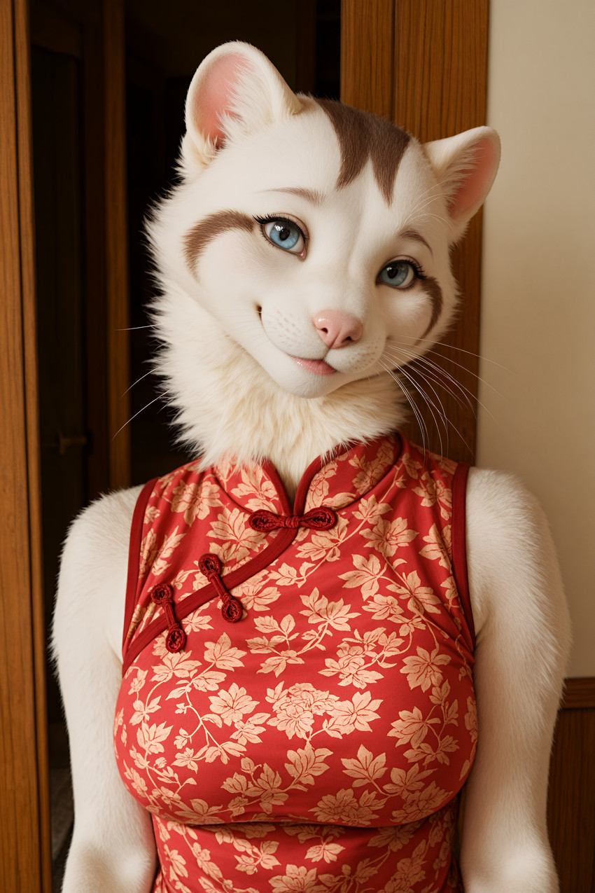 anthro asian_clothing bare_shoulders blue_eyes breasts chinese_clothing chinese_dress clothed clothing dress east_asian_clothing female floral_print front_view fur head_tilt inside looking_at_viewer medium_breasts mouth_closed multicolored_body multicolored_fur photorealism red_clothing red_dress sleeveless_dress smile solo standing two_tone_body two_tone_fur upper_body whiskers white_whiskers mira_koks absurd_res hi_res