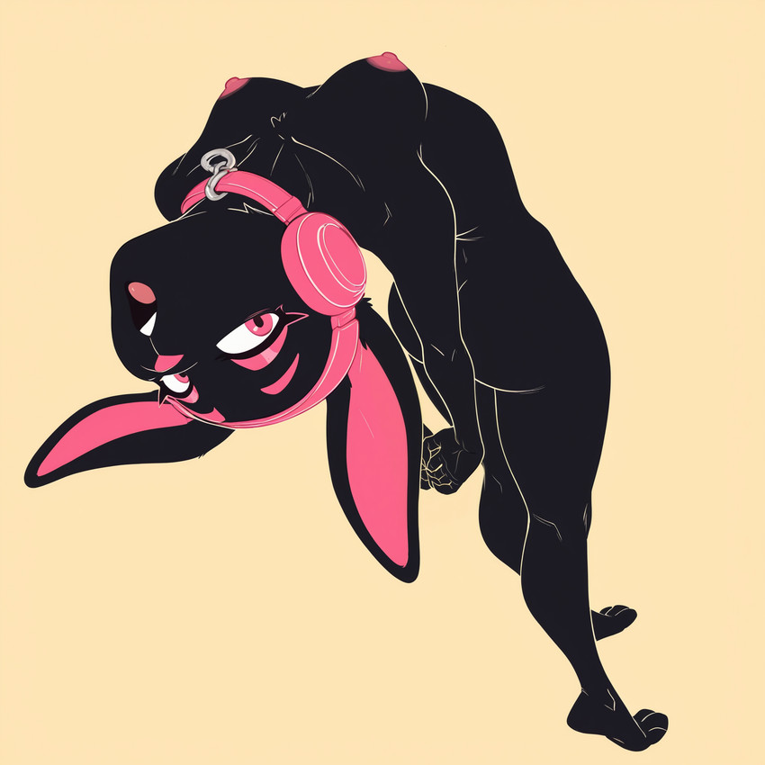 areola black_body black_fur breasts butt casual_nudity collar electronics feet female fingers flexible fur head_back headphones looking_at_viewer nipples nude open_mouth pink_eyes pink_nipples simple_background solo standing toes unknown_director lagomorph leporid mammal rabbit hi_res