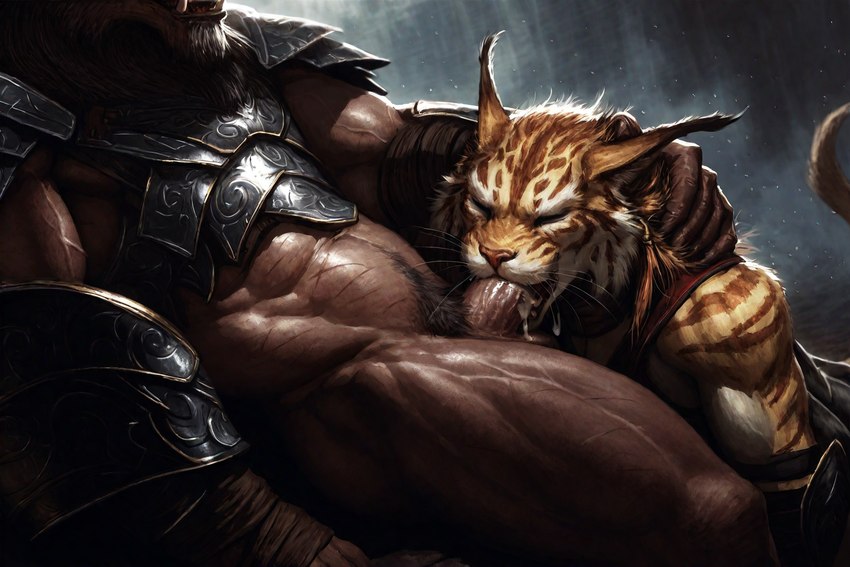 anthro balls duo fellatio female genitals hands_behind_head male male/female oral penile penis sex hyperion felid humanoid khajiit mammal orc