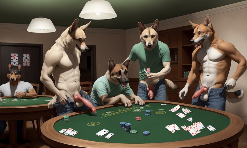 animal_genitalia animal_penis anthro balls canine_genitalia canine_penis card clothed clothing countershade_torso countershading erection fingers genitals group knot male male/male navel penis playing_card poker poker_table shirt strip_poker tongue tongue_out topwear logically canid canine canis domestic_dog mammal hi_res