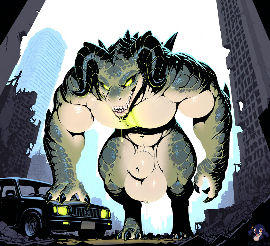 3_toes animal_genitalia anthro balls big_balls big_muscles big_sheath bodily_fluids car city city_background city_destruction claws drooling feet fingers front_view fully_sheathed genitals glowing glowing_eyes horn huge_balls huge_sheath male multicolored_body muscular nude ruins saliva scales sharp_teeth sheath solo teeth toes vehicle doggyai fallout deathclaw scalie hi_res
