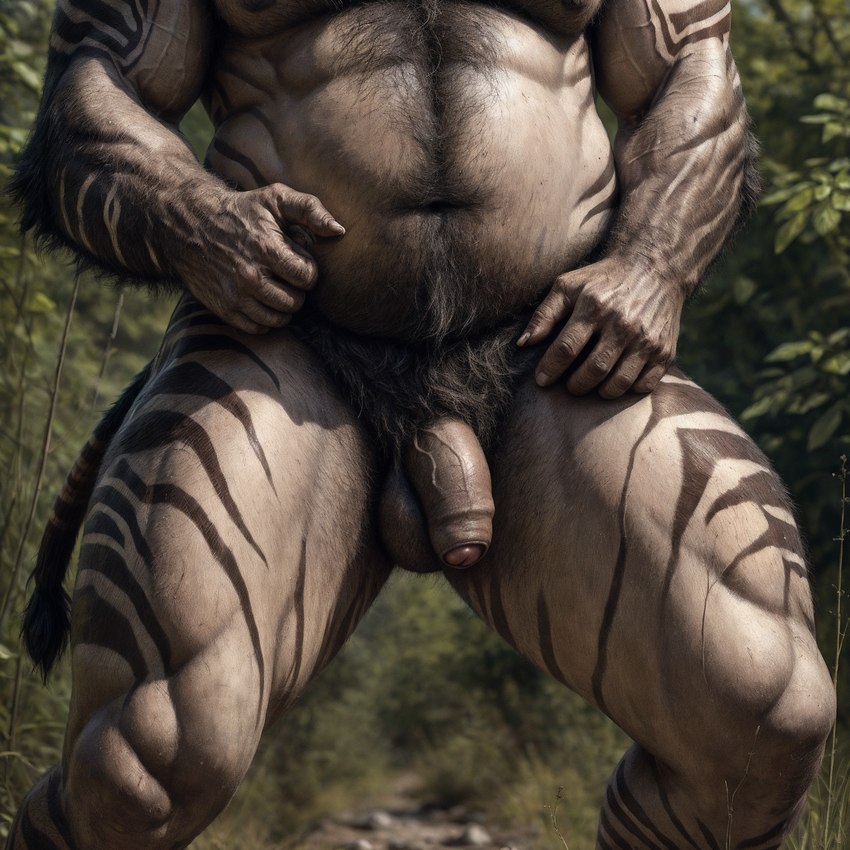 2023 abs anthro balls biceps black_body black_fur black_nipples body_hair chest_hair crotch_focus day flaccid foreskin forest fur genitals glans happy_trail humanoid_genitalia humanoid_penis light male multicolored_body multicolored_fur musclegut muscular muscular_anthro muscular_male muscular_thighs navel nipples nude outside pecs penis pink_glans plant pubes slightly_chubby solo stable_diffusion striped_body striped_fur stripes sunlight tree vein veiny_arms veiny_biceps veiny_muscles veiny_penis white_body white_fur monkeyelf_(director) equid equine mammal zebra hi_res