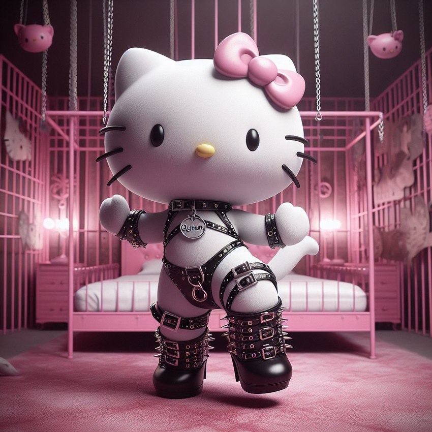 accessory bdsm bed bedroom bowtie clothed clothing female footwear furniture harness latex partially_clothed pillow rubber rubber_clothing rubber_suit shoes solo straps table hello_kitty_(character) domestic_cat felid feline felis mammal