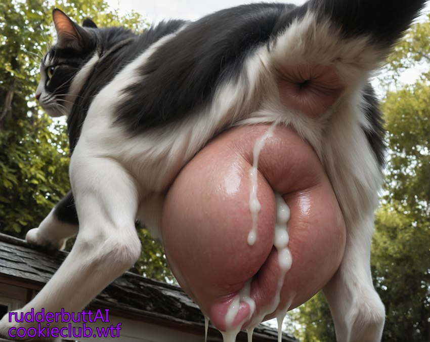 animal_genitalia animal_pussy anus big_anus big_pussy black_and_white_fur bodily_fluids building butt canine_genitalia canine_pussy creampied cum cum_drip cum_in_pussy cum_inside dripping female feral fur gaping gaping_anus genital_fluids genitals huge_anus hyper hyper_genitalia hyper_pussy looking_at_viewer looking_back looking_back_at_viewer macro multicolored_body multicolored_fur photorealism photorealistic plant presenting presenting_hindquarters presenting_pussy pussy quadruped raised_tail rooftop solo tree two_tone_body two_tone_fur rudderbuttai(director) domestic_cat felid feline felis mammal tuxedo_cat hi_res
