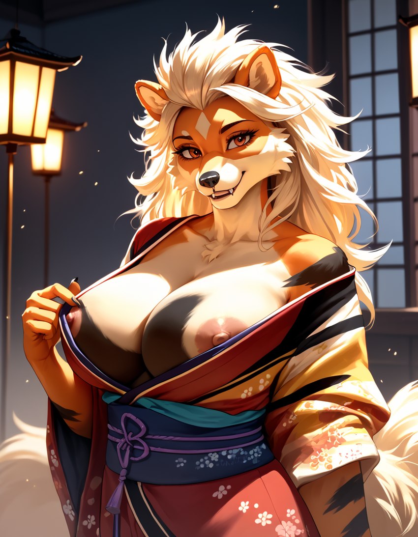 anthro asian_clothing breasts clothed clothing east_asian_clothing female floral_print fur japanese_clothing kimono long_tail looking_at_viewer mature_female nipple_slip off_shoulder orange_body orange_fur solo stripes redstallion_(director) arcanine canid canine generation_1_pokemon mammal pokemon_(species)