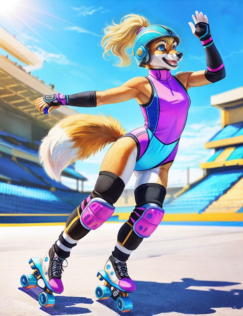 anthro armor clothing female fingerless_gloves gloves handwear headgear helmet knee_pads leotard roller_skates solo gusc3 canid canine fox mammal red_fox hi_res