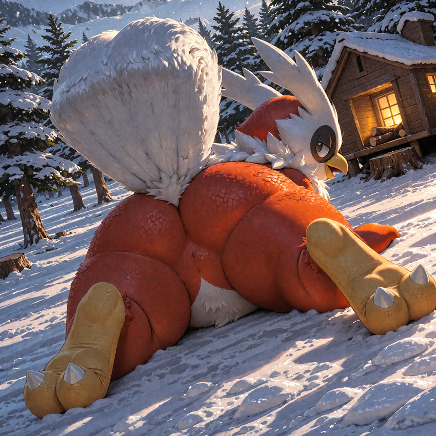 animal_genitalia anthro beak bedroom_eyes bushy_tail butt cabin cloaca clothing detailed_feathers evergreen_tree feathers female genitals legwear log looking_back multicolored_body narrowed_eyes open_beak open_mouth outside pine_tree plant presenting presenting_hindquarters seductive snow snowing solo talons thigh_highs tree vertical_cloaca wood pleasedontlook nintendo pokemon avian delibird generation_2_pokemon pokemon_(species) detailed hi_res