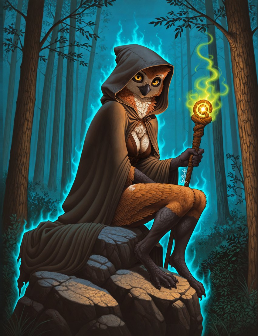 anthro beak black_body black_feathers breasts brown_body brown_feathers claws cloak clothing fantasy feathers female forest looking_at_viewer magic magic_user night non-mammal_breasts outside plant robe rock solo staff tan_body tan_feathers tree yellow_eyes gilkardex avian bird owl absurd_res hi_res