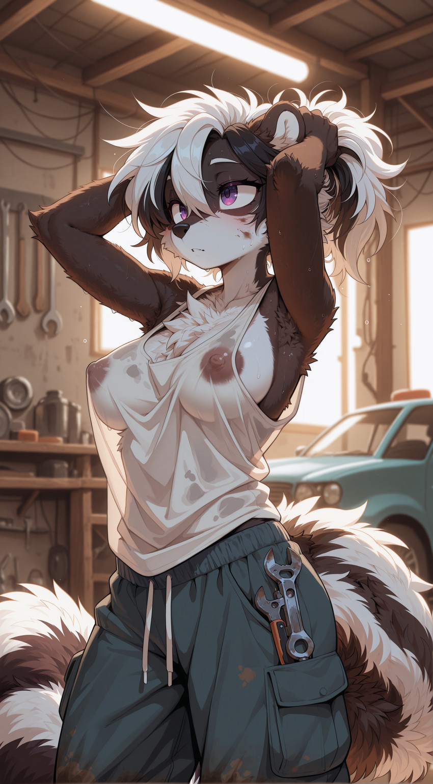 anthro armpit_hair armpit_showing armpit_tuft black_nose bodily_fluids body_hair breasts car chest_tuft cleavage clothed clothing dirty dirty_clothing dirty_face dirty_pants drawstring female fluffy fluffy_tail fur hair hair_grab inner_ear_fluff long_tail multicolored_body multicolored_fur multicolored_hair nipple_outline nipple_slip nipples nose purple_eyes raised_arms shirt side_boob solo standing sweat sweaty_body sweaty_breasts sweaty_face tank_top tools topwear touching_hair translucent translucent_clothing translucent_shirt translucent_topwear tuft vehicle wet wet_clothing wet_shirt wet_topwear workshop wrench whigwham mammal mephitid skunk absurd_res hi_res