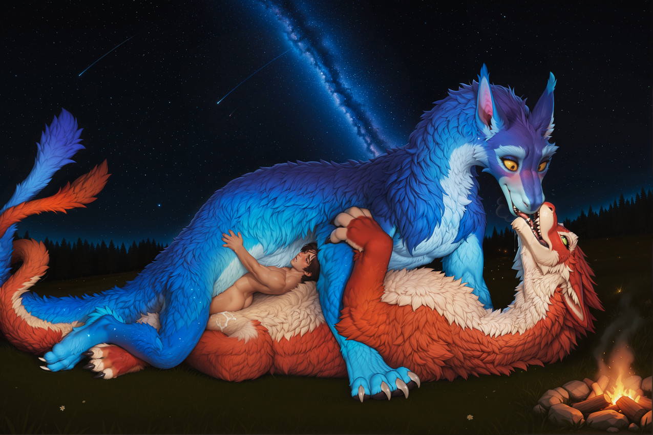 bestiality blue_body blue_fur blush blush_lines bodily_fluids brown_hair butt campfire claws cum cum_on_body dark_claws detailed_background digitigrade embarrassed embrace fangs female female/female feral fluffy fluffy_ears fluffy_fur fluffy_tail forest french_kissing fur genital_fluids grass green_eyes green_sclera group hair hug human_on_feral human_penetrating inner_ear_fluff interspecies kissing looking_at_another looking_at_partner looking_away lying lying_on_another lying_on_ground male male/female milky_way mythology night nude on_back orange_body orange_fur orgasm_face outside penetration plant purple_body purple_fur red_body red_fur sandwiched sex shooting_star short_hair smile star tail teeth tongue tree trio tuft wet wet_body white_claws yellow_eyes yellow_sclera chrisphoenix dragon furred_dragon human mammal mythological_creature mythological_scalie scalie absurd_res detailed hi_res