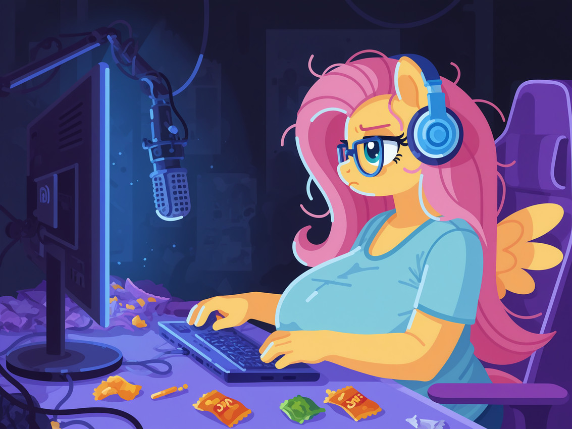 anthro eyewear female gaming glasses hair headphones keyboard messy_hair messy_room microphone slightly_chubby solo arantonak friendship_is_magic my_little_pony fluttershy_(mlp) hi_res