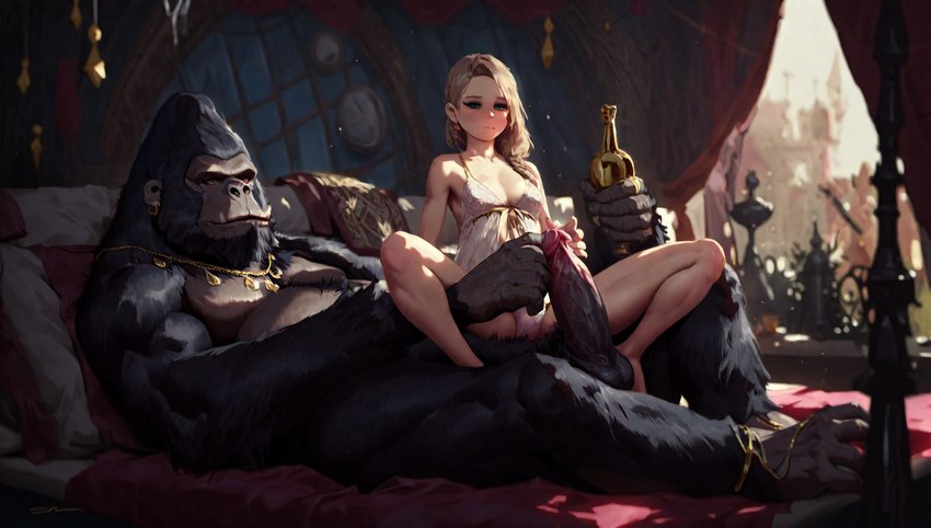 anthro bottle duo female female_on_anthro handjob human_on_anthro imminent_sex inside interspecies jewelry male male/female male_on_human penile royalty sex hyperion ape gorilla haplorhine human mammal primate hi_res