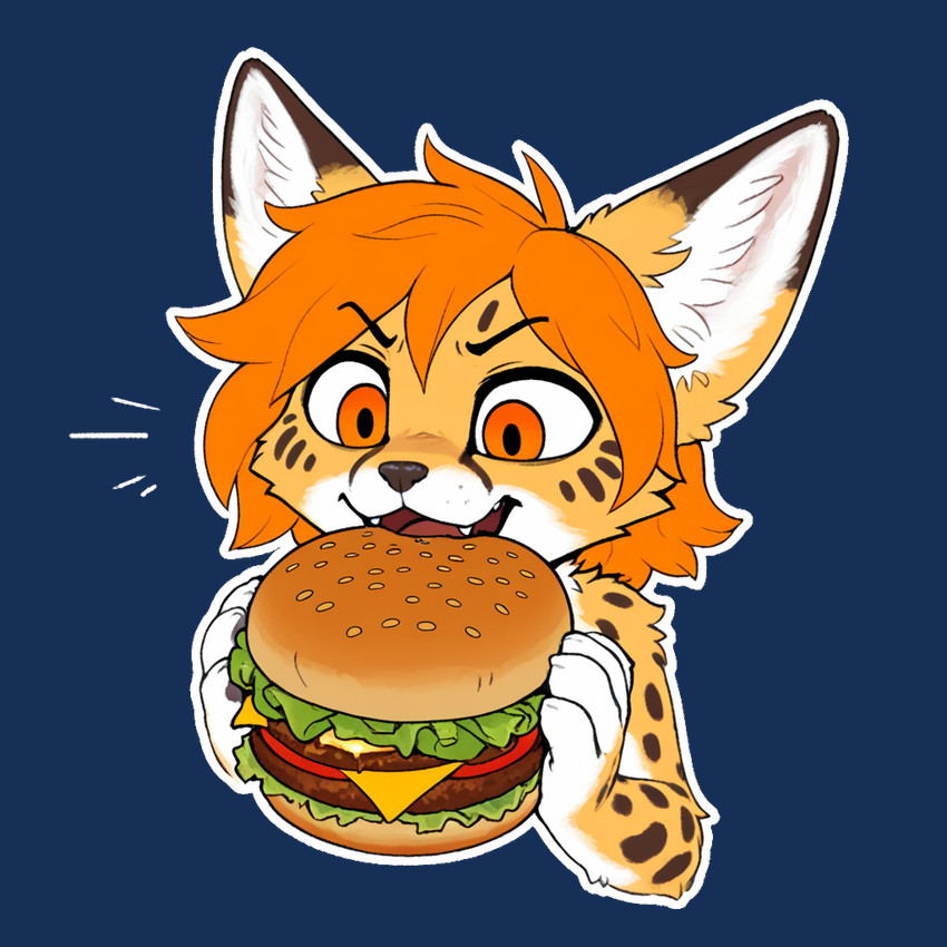 anthro burger dairy_products eating food fur hair holding_food holding_object inner_ear_fluff male markings open_mouth orange_body orange_eyes orange_fur orange_hair simple_background solo spots spotted_body spotted_fur teeth transparent_background tuft white_body white_fur yellow_body yellow_fur colossal_exhoost_fume raffi_(portraitman) felid feline mammal serval alpha_channel