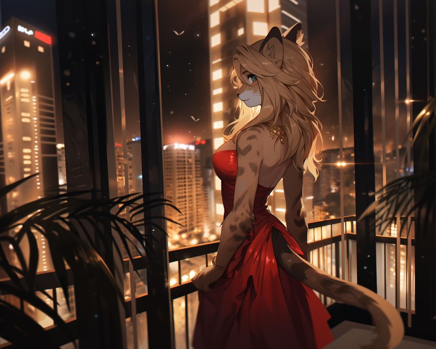 anthro backless_dress blonde_hair bracelet breasts building city clothed clothing dress female fur green_eyes hair inner_ear_fluff inside jewelry light looking_back night plant rear_view red_clothing red_dress skyscraper solo solo_focus tan_body tan_fur tuft window sappy_(director) felid feline mammal absurd_res hi_res lighting portrait