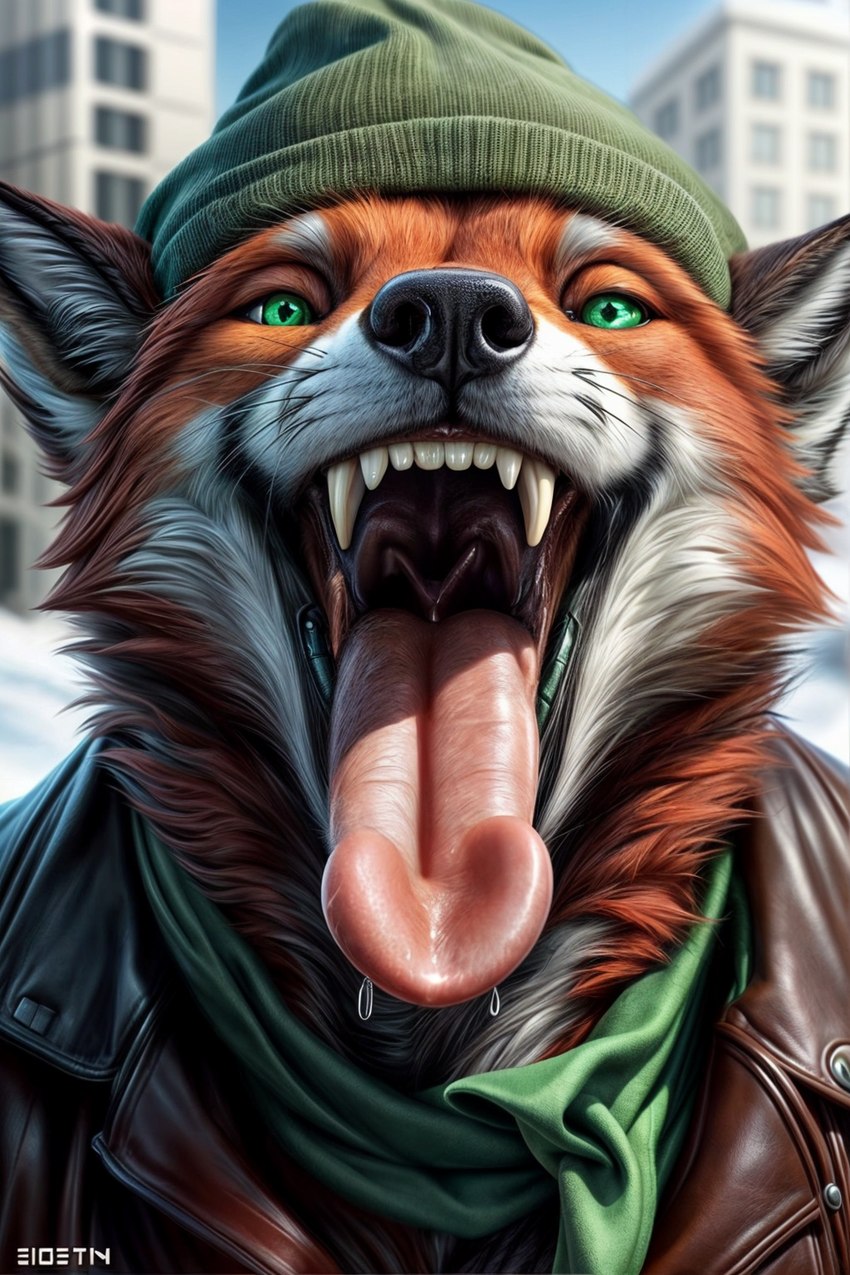 anthro beanie black_body black_fur city city_background clothing fur green_clothing green_eyes green_hat green_headwear green_scarf hat headgear headwear jacket leather leather_clothing leather_jacket leather_topwear male mouth_shot open_mouth oral_vore orange_body orange_fur scarf snow solo topwear vore white_body white_fur l649000 canid canine fox mammal attempted_signature hi_res