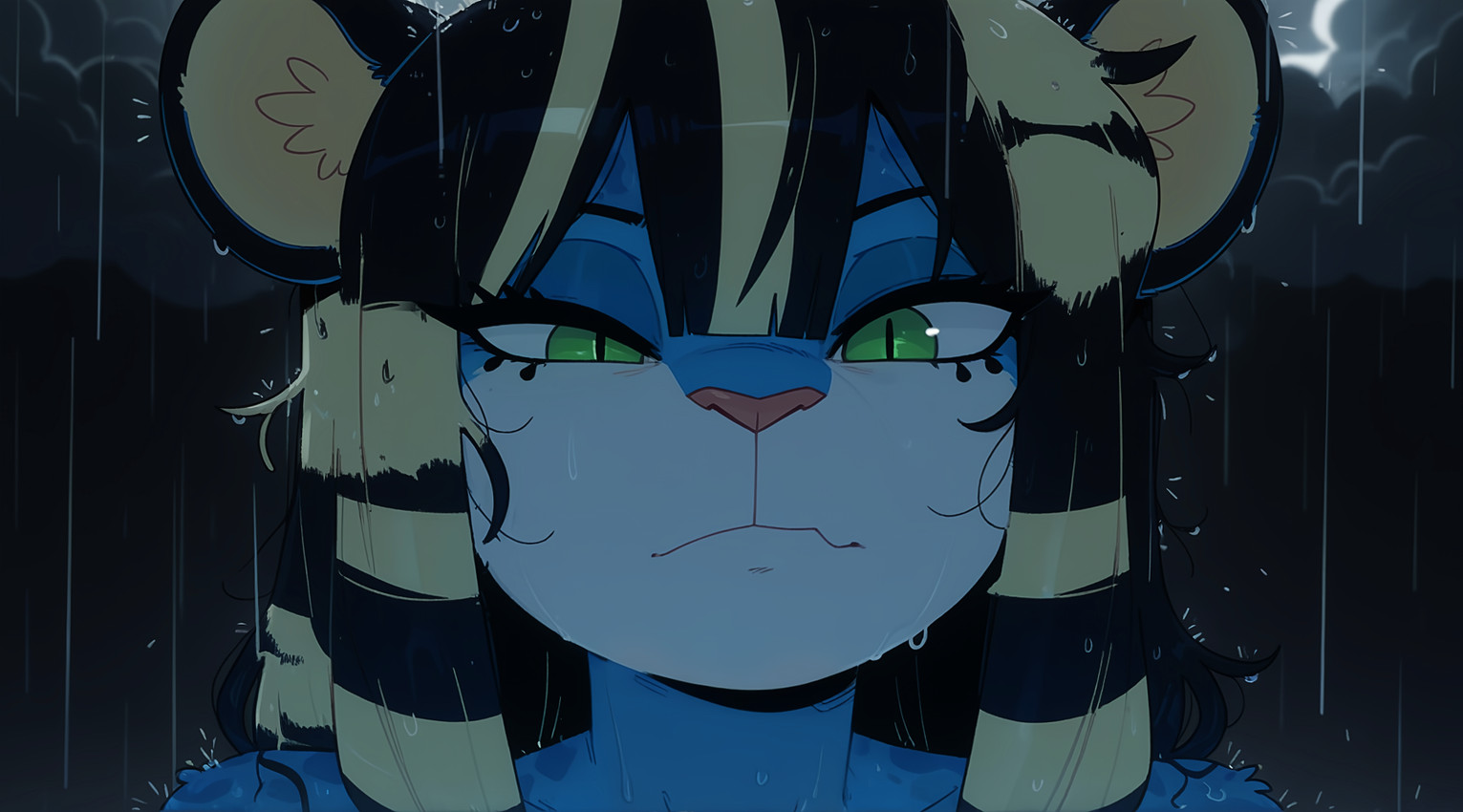 anthro black_hair blue_body blue_fur cloud cloudy dark_background female frown fur green_eyes hair long_hair looking_at_viewer messy_hair pupils raining slit_pupils solo wet wet_body wet_fur wet_hair white_hair ahogagu fortune_(whloffortune) felid mammal mythological_sphinx 2025 hi_res