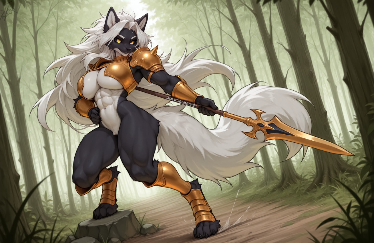 anthro armor black_body black_sclera countershading female forest forest_background gold_(metal) gold_armor hair holding_object holding_weapon long_hair melee_weapon muscular muscular_female nature nature_background plant polearm solo spear tree weapon white_body white_countershading white_hair white_tail yellow_eyes djar17 canid canine canis mammal wolf absurd_res hi_res