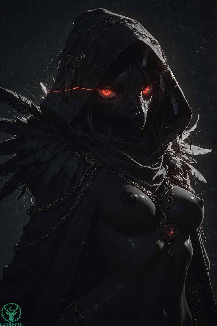 anthro beak black_background black_body black_nipples breasts chain cloak clothing eye_trail eyelashes feathers female glowing glowing_eyes hair hood jewelry looking_at_viewer necklace nipples nude red_eyes simple_background solo upper_body lunaryth avian absurd_res hi_res watermark