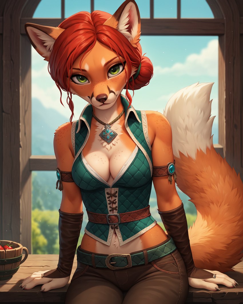 alternate_species anthro armwear belt bottomwear breasts bridal_gauntlets chest_tuft claws cleavage clothed clothing female fur furrification green_eyes hair hair_bun jewelry looking_at_viewer medium_breasts necklace orange_body orange_fur pants red_hair short_hair sitting solo topwear tuft vest window sagrael triss_merigold canid canine fox mammal absurd_res hi_res