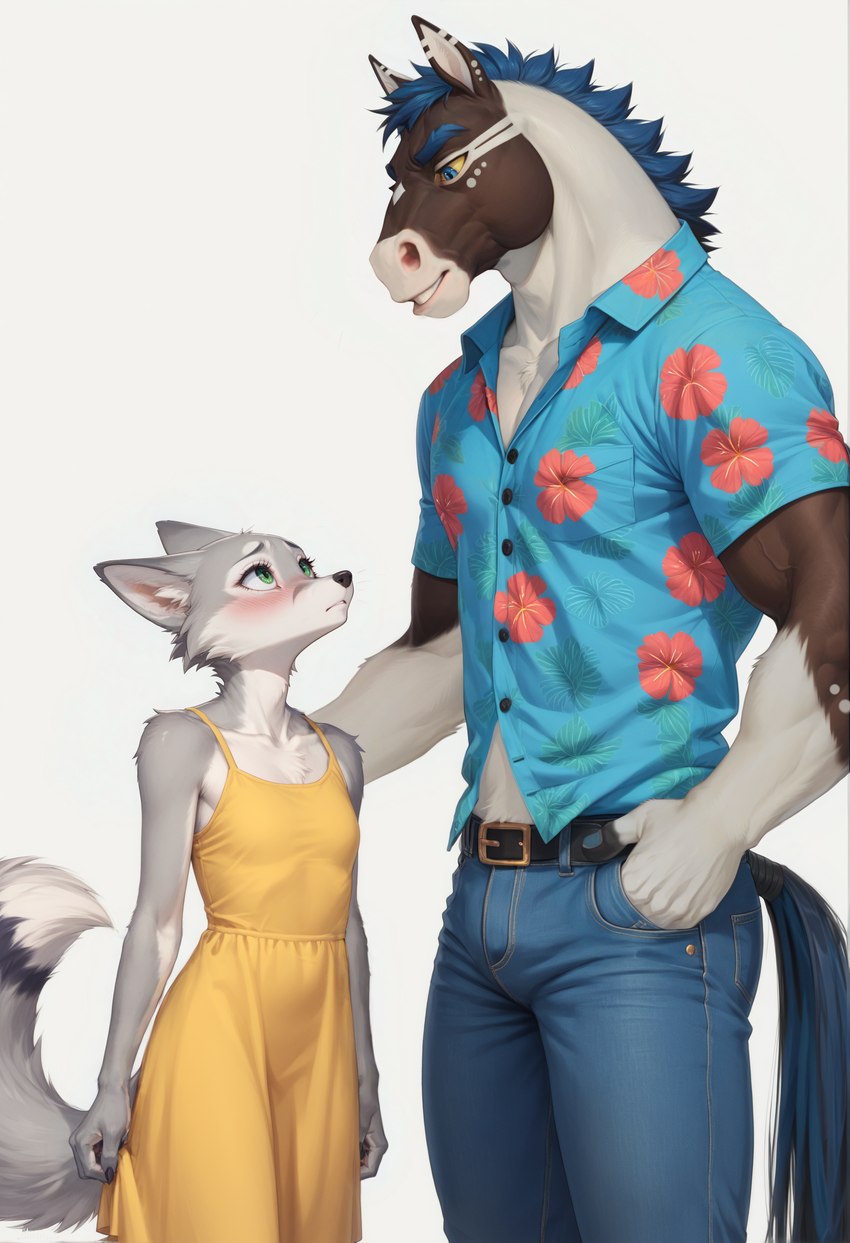 aloha_shirt anthro belt black_body black_fur blue_eyes blue_hair blue_mane blue_tail blush bottomwear cheek_tuft claw_nails clothing denim denim_clothing dress duo eyelashes facial_tuft female fluffy fluffy_tail fur green_eyes grey_body grey_fur hair hand_in_pocket hand_on_back inner_ear_fluff jeans long_eyelashes looking_down_at_another looking_up_at_another male male/female mane markings neck_tuft pants pattern_clothing pattern_shirt pattern_topwear pockets shirt simple_background size_difference standing sundress tail_wraps topwear tribal tribal_markings tuft white_body white_fur white_markings worried_look wraps yellow_sclera ilmpbx daisy_(ilmpbx) ramblingrenegade_(ramblingrenegade) canid canine draft_horse equid equine fox horse mammal red_fox silver_fox absurd_res hi_res