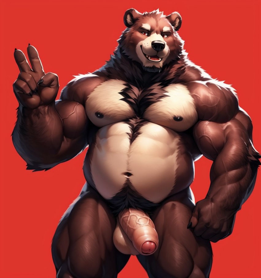 anthro balls belly body_hair claws foreskin genitals girthy_penis half-erect male musclegut muscular muscular_male nipples peace_sign_(disambiguation) penis red_background red_eyes short_penis simple_background smile solo thick_penis vein veiny_arm veiny_penis simplyai mammal ursid