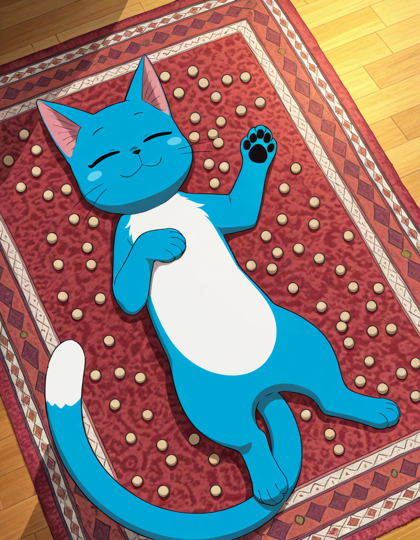 4_toes 5_fingers belly blue_body blue_fur carpet eyes_closed feet feral fingers fur long_tail lying male on_back paws sleeping solo toes whiskers white_belly white_body white_fur yiff_ai_(director) fairy_tail happy_(fairy_tail) domestic_cat exceed felid feline felis mammal