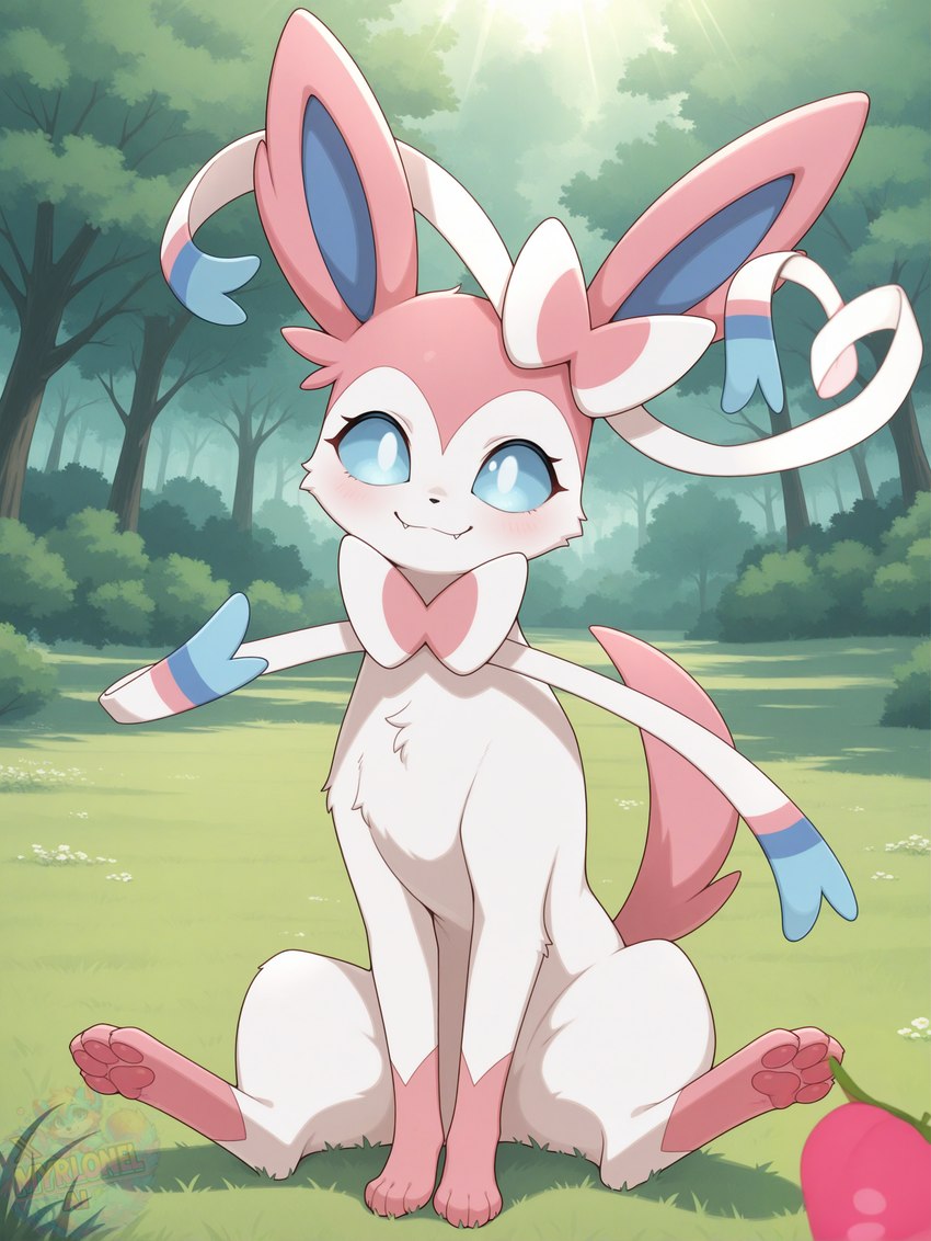 blue_sclera blush female feral forest fur looking_at_viewer pawpads paws pink_body pink_fur plant sitting smile solo spread_legs spreading tree white_body white_eyes director_myrlonel eeveelution generation_6_pokemon pokemon_(species) sylveon absurd_res hi_res