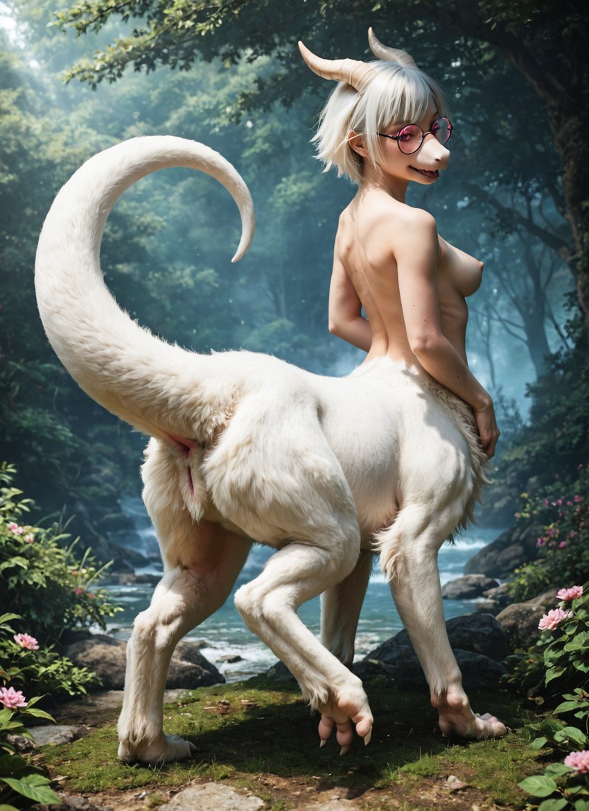 animal_genitalia animal_pussy breasts eyewear female fur genitals glasses hair horn looking_back nature nature_background paws pussy quadruped solo tail_up underpaw white_body white_fur white_hair glenkobold kobold mammal taur hi_res