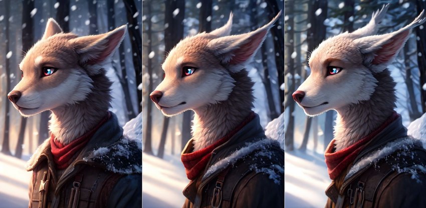 anthro ear_tuft ears_back inner_ear_fluff light male pivoted_ears scarf snow solo tuft winter_background winter_clothing dimot canid canine canis humanoid mammal wolf colorful digital_media_(artwork) half-length_portrait lighting photography_(artwork) portrait