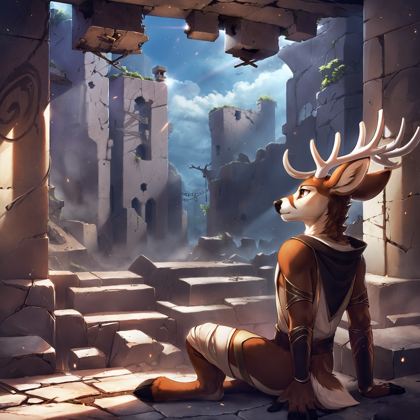 5_fingers anthro antlers barefoot black_nose brown_body brown_eyes brown_fur clothing cloud day detailed_background feet fingers fur hooves horn male outside ruins sitting sitting_on_ground sky solo tail white_body white_fur wilddogone cervid mammal absurd_res digital_media_(artwork) hi_res