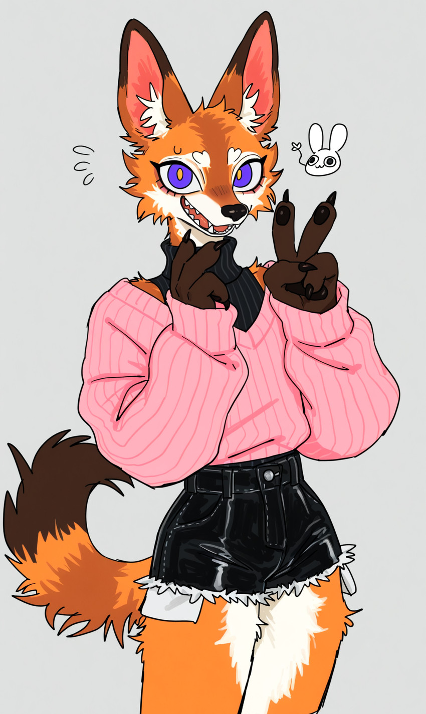 black_bottomwear black_clothing blue_eyes bodily_fluids bottomwear brown_body brown_fur cheek_tuft claws clothed clothing countershading cutoffs denim denim_bottomwear denim_clothing facial_tuft female femboy fingers fully_clothed fur gesture grey_background hotpants inner_ear_fluff looking_at_viewer male markings open_mouth open_smile orange_body orange_fur pawpads pink_clothing pink_topwear purple_eyes shorts simple_background smile solo standing sweat sweater tail tail_markings teeth topwear tuft turtleneck v_sign white_body white_fur wholesome_content c1acks canid canine fox mammal red_fox hi_res portrait three-quarter_portrait