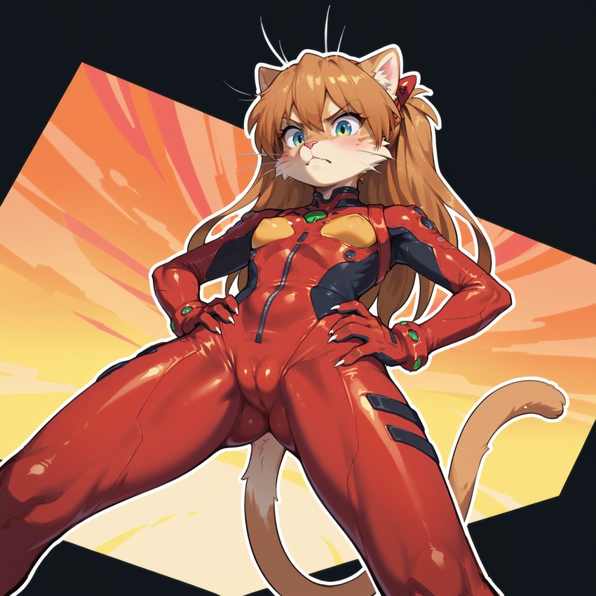 angry angry_expression anthro blue_eyes bodysuit breasts butt_from_the_front cameltoe cat_tail cheek_tuft claws clothing dutch_angle facial_tuft female front_view frown frown_eyebrows fur hair hands_on_hips looking_at_viewer looking_down medium_breasts neon_genesis_evangelion orange_body orange_fur orange_hair outline raised_tail red_bodysuit skinsuit skintight_clothing slim_body small_waist solo tail_aside thick_outline tight_clothing tuft view_from_below whiskers wide_hips kingfurryai asuka_langley_soryu domestic_cat felid feline felis mammal hi_res