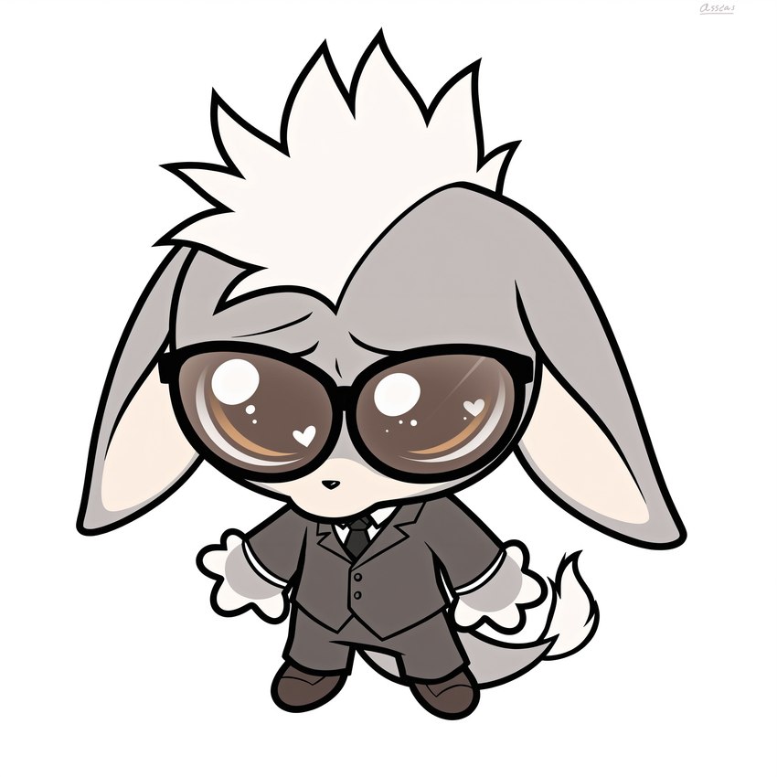 anthro brown_eyes chibi clothing eyewear fur grey_body grey_fur hair male necktie simple_background solo suit sunglasses white_hair asscas_(director) jack_asscas_(asscas) asinus donkey equid equine mammal hi_res