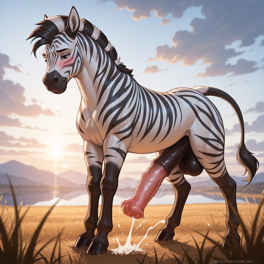 animal_genitalia animal_penis balls big_penis blush bodily_fluids cloud cum cumshot ejaculation equine_genitalia equine_penis feral flared_penis genital_fluids genitals grass hooves huge_penis male mountains penis plant solo stripes sun sunrise matt3985_(director) phazon equid equine horse mammal zebra hi_res signature