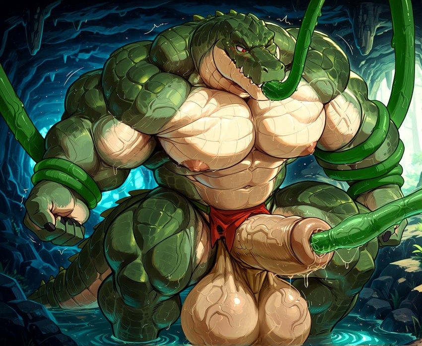 abs anthro ball_growth balls biceps big_balls bottomwear cave clothing erection genital_growth genitals green_body green_skin growth huge_balls hyper hyper_balls hyper_genitalia loincloth looking_down male multicolored_body multicolored_skin one_eye_closed oral oral_penetration pecs penetration red_eyes restrained_arms restrained_by_tentacles solo tentacle_in_mouth tentacle_penetration tentacles two_tone_body two_tone_skin urethral urethral_penetration vein veiny_balls veiny_muscles water vanzilen crocodile crocodilian crocodylid reptile scalie hi_res