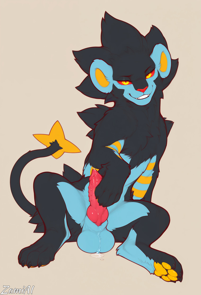 animal_genitalia animal_penis balls big_balls bodily_fluids claws dripping feline_penis feral genital_fluids genitals knot looking_at_viewer male narrowed_eyes pawpads penile_spines penis precum precum_drip precum_on_balls sitting smile solo zamiai nintendo pokemon generation_4_pokemon luxray pokemon_(species) absurd_res hi_res