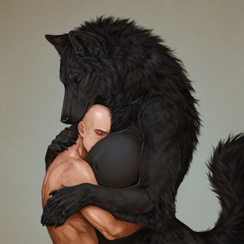 anthro bodily_fluids breasts claws crying detailed_fur duo female finger_claws hugging larger_female male male/female simple_background size_difference tears sysns canid canine canis human mammal wolf detailed hi_res