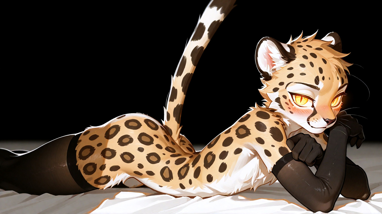ambiguous_gender anthro armwear blush butt clothed clothing countershading femboy fur gloves glowing glowing_eyes handwear kemono legwear looking_at_viewer lying male markings mostly_nude on_front pupils slit_pupils smile solo spots spotted_body spotted_fur stockings tail thigh_highs tuft white_body white_fur yellow_eyes lilian_rock cheetah felid feline humanoid mammal hi_res widescreen