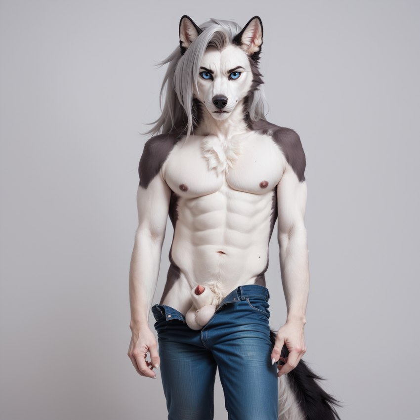 animal_genitalia anthro balls blue_eyes bottomwear brown_nipples cheek_tuft chest_tuft clothed clothing denim denim_clothing facial_tuft fluffy fluffy_tail fur genitals gray_hair grey_body grey_fur inner_ear_fluff jeans looking_at_viewer male navel nipples nudity pants partially_clothed sheath simple_background solo standing tuft white_body white_fur ilmpbx canid canine canis mammal wolf hi_res