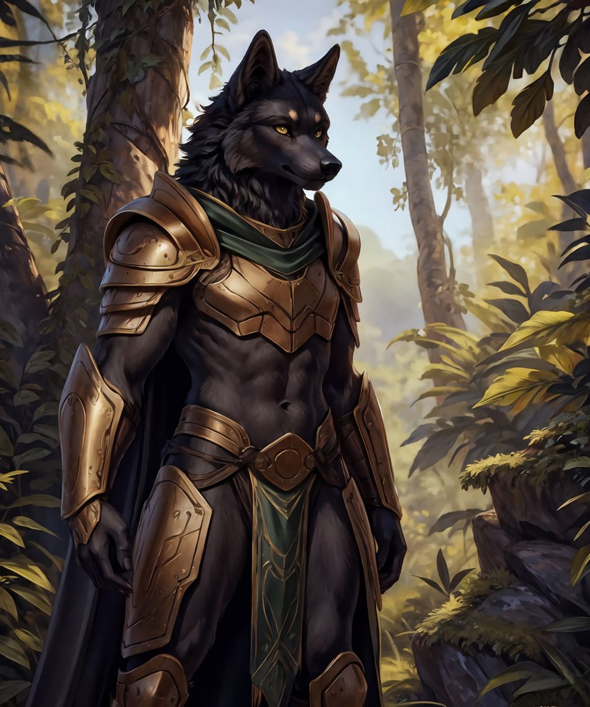 anthro armor black_body black_cape black_fur bottomwear cape claws clothing fur gold_(metal) gold_armor jungle loincloth looking_at_viewer male muscular muscular_anthro muscular_male outdoors outside plant smile solo tree warrior yellow_eyes thunderwolf row canid canine canis mammal wolf absurd_res hi_res