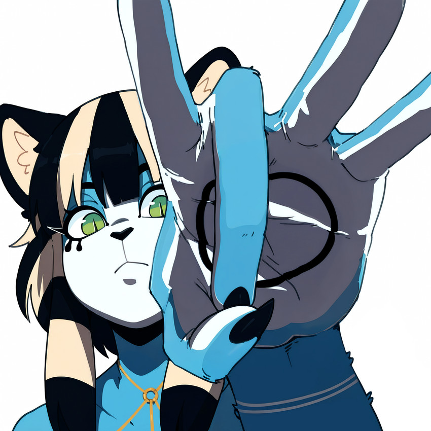 anthro bangs black_hair blue_body blue_fur depth_of_field female flick fur fur_markings green_eyes hair jewelry low-angle_view markings medium_hair multicolored_hair neutral_expression o-ring simple_background solo white_background white_hair ahogagu fortune_(whloffortune) felid mammal mythological_sphinx hi_res